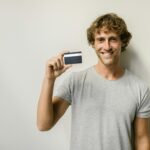 An international F-1 visa student holding a Deserve EDU Mastercard in front of a laptop showing a successful credit card approval screen.